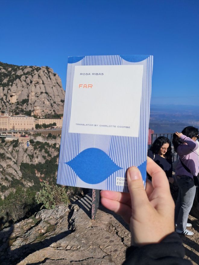 Book cover of English translation of Far by Rosa Ribas translated by Charlotte Coombe, mountain and monastery of Montserrat, Catalonia in the background