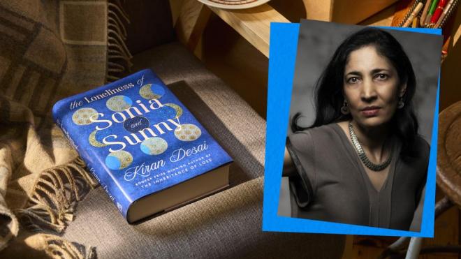 Kiran Desai portrait with her novel The Lonliness of Sonia and Sunny © Yuki Sugiura for Booker Prize Foundation